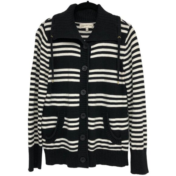 Jones New York Black & White Striped Button up Long Sleeve Sweater size M - Picture 1 of 15